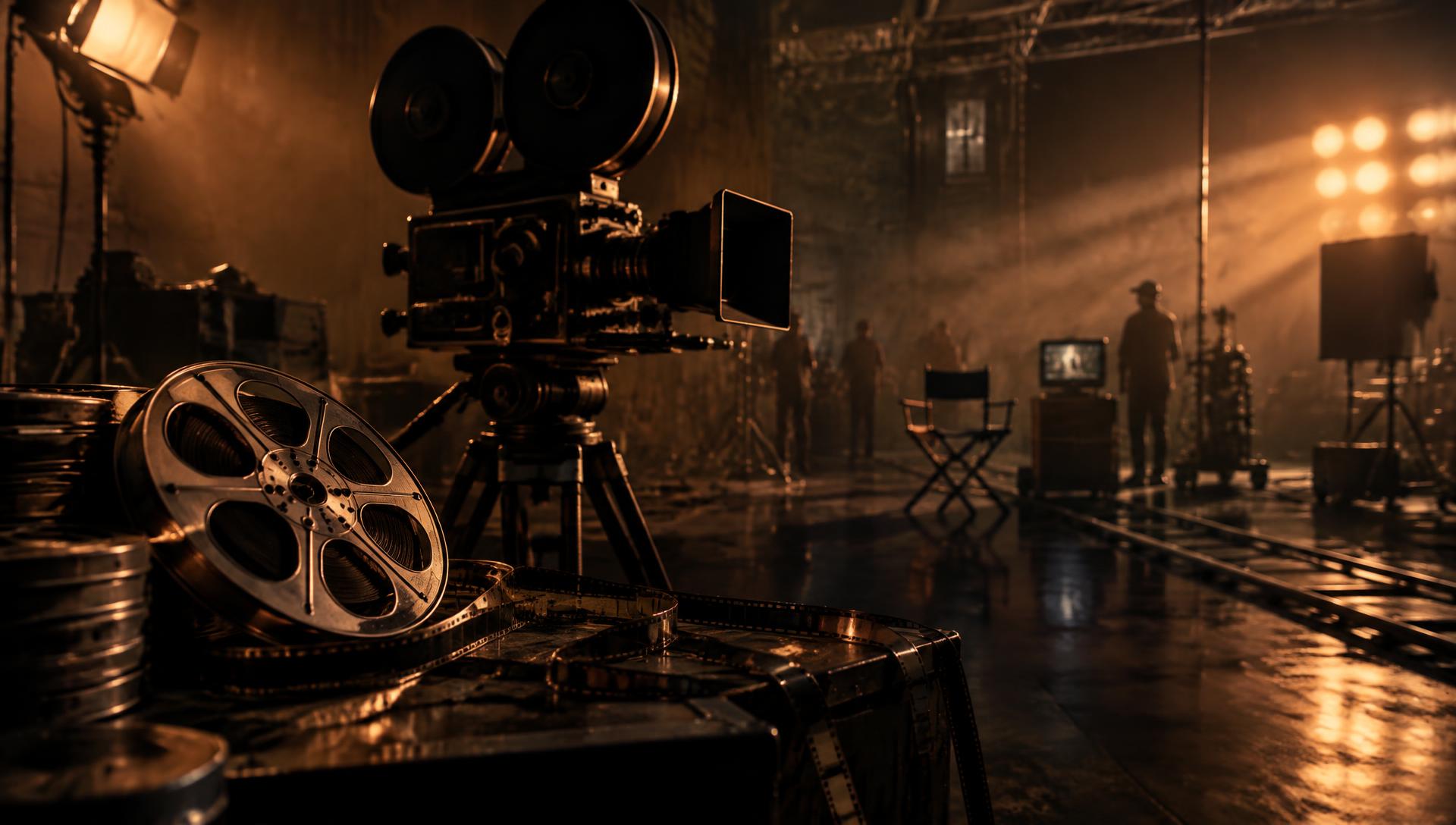 Film reel lit by copper stage light